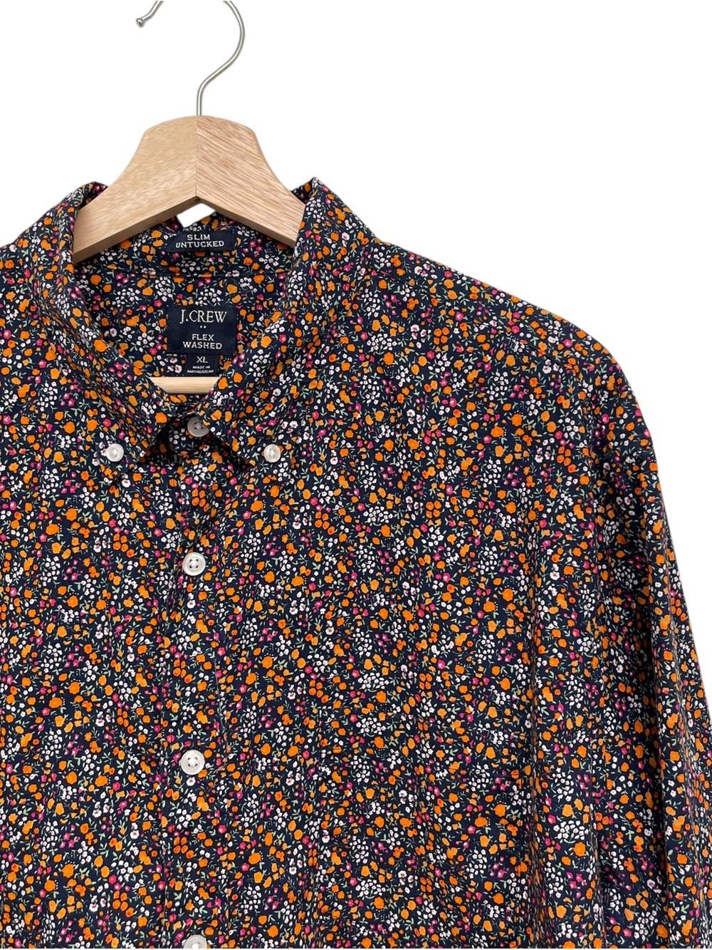 J. Crew Navy Floral L/S Button-Down Shirt with Orange, White and Pink Blooms XL